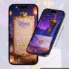 Parte interna do Convite de 15 Anos Enrolados inspirada no universo encantado de Rapunzel. O design apresenta uma elegante moldura dourada com detalhes que remetem às tranças da princesa, coroa ornamentada no topo e um cenário iluminado por lanternas flutuantes. Ao fundo, a torre encantada cria uma atmosfera mágica e romântica. O convite interativo reúne informações da festa de forma sofisticada, proporcionando uma experiência inesquecível para os convidados.