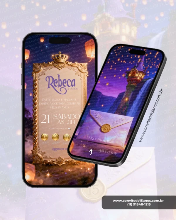 Parte interna do Convite de 15 Anos Enrolados inspirada no universo encantado de Rapunzel. O design apresenta uma elegante moldura dourada com detalhes que remetem às tranças da princesa, coroa ornamentada no topo e um cenário iluminado por lanternas flutuantes. Ao fundo, a torre encantada cria uma atmosfera mágica e romântica. O convite interativo reúne informações da festa de forma sofisticada, proporcionando uma experiência inesquecível para os convidados.