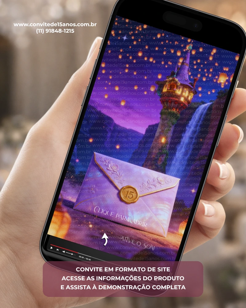 Capa do Convite de 15 Anos Enrolados inspirada no universo mágico da princesa Rapunzel. A arte apresenta uma torre iluminada ao fundo, cercada por lanternas flutuantes douradas que iluminam o céu noturno. Em destaque, um envelope lilás com detalhes ornamentais e selo dourado simboliza a abertura do convite. O cenário transmite romantismo, magia e encanto, criando uma atmosfera digna de um verdadeiro conto de fadas.