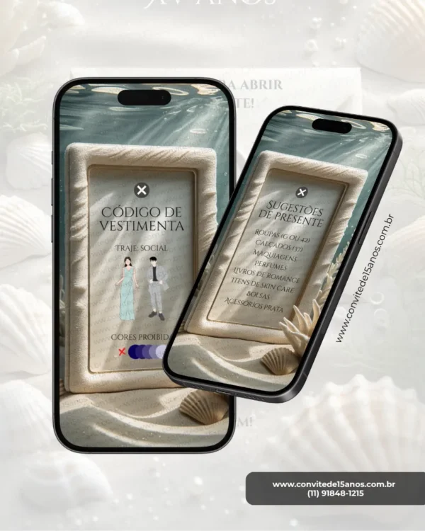 Tela de Dress Code e Sugestões de Presente do Convite de 15 Anos Fundo do Mar. O design apresenta uma moldura elegante inspirada em conchas marinhas, cercada por areia clara, corais delicados e elementos oceânicos que remetem às profundezas do mar. Em uma das telas são exibidas as orientações de vestimenta para os convidados e, na outra, sugestões de presente. A composição suave e sofisticada transmite leveza, elegância e o encanto do universo marinho.
