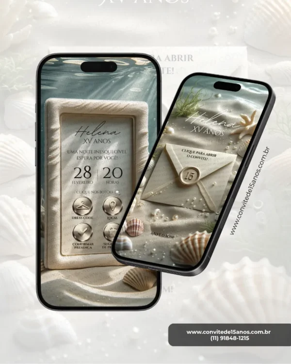 Parte interna do Convite de 15 Anos Fundo do Mar com design elegante inspirado nas profundezas do oceano. A composição apresenta uma moldura sofisticada com textura que remete a conchas e corais, cercada por areia, pérolas e elementos marinhos delicados. Os tons claros e suaves criam uma atmosfera leve, refinada e encantadora, perfeita para uma celebração temática inspirada na beleza do mar.