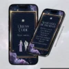 Tela complementar do Convite de 15 Anos Galáxia exibindo as seções de dress code e sugestões de presente. O design apresenta um elegante cenário cósmico com nebulosas em tons de azul, roxo e lilás, molduras douradas sofisticadas e detalhes inspirados no universo. As informações são organizadas de forma harmoniosa, proporcionando uma experiência visual moderna, refinada e totalmente integrada ao tema espacial da festa.
