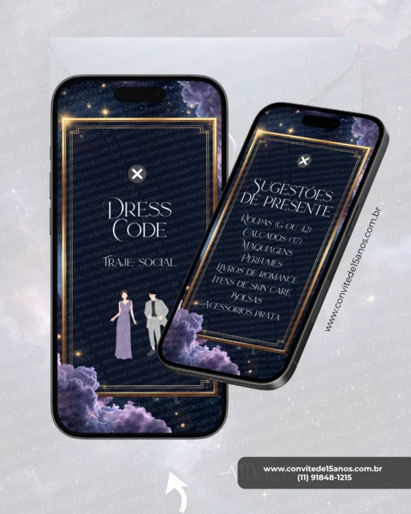 Tela complementar do Convite de 15 Anos Galáxia exibindo as seções de dress code e sugestões de presente. O design apresenta um elegante cenário cósmico com nebulosas em tons de azul, roxo e lilás, molduras douradas sofisticadas e detalhes inspirados no universo. As informações são organizadas de forma harmoniosa, proporcionando uma experiência visual moderna, refinada e totalmente integrada ao tema espacial da festa.