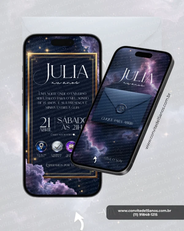 Parte interna do Convite de 15 Anos Galáxia em formato digital interativo. O design apresenta uma moldura dourada elegante sobre um cenário cósmico repleto de nebulosas, estrelas e tons de azul, roxo e lilás. As informações da celebração são exibidas de forma sofisticada, criando uma atmosfera inspirada no universo e proporcionando uma experiência visual moderna, encantadora e memorável.