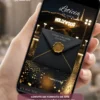 Convite de 15 Anos Hollywood com envelope preto e dourado, calçada da fama iluminada, luzes de estúdio, atmosfera de premiação e glamour inspirado no universo cinematográfico.