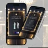 Tela de dress code e sugestões de presente do Convite de 15 Anos Hollywood, com moldura iluminada, cenário de gala, traje social, cores proibidas e lista personalizada de presentes em formato interativo.