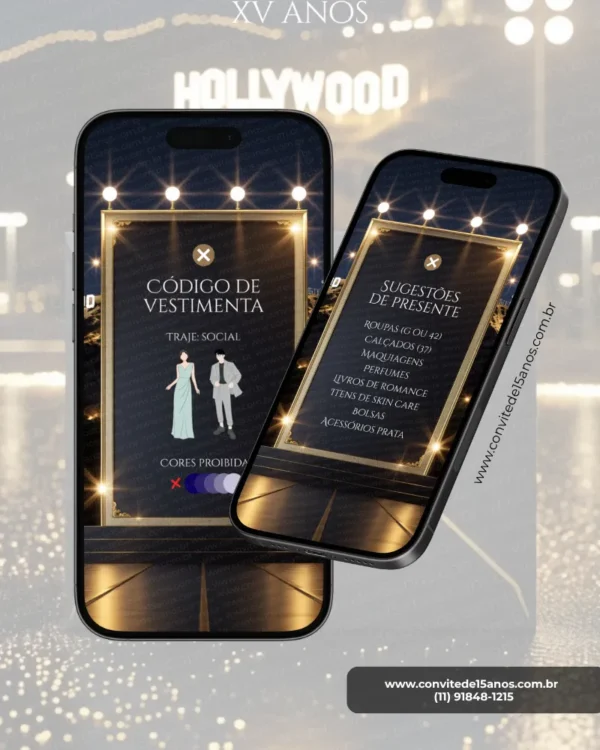 Tela de dress code e sugestões de presente do Convite de 15 Anos Hollywood, com moldura iluminada, cenário de gala, traje social, cores proibidas e lista personalizada de presentes em formato interativo.
