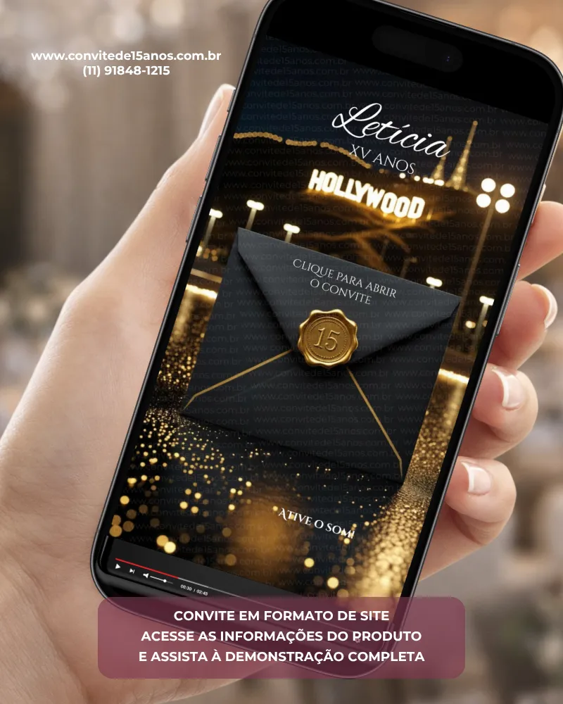 Convite de 15 Anos Hollywood com envelope preto e dourado, calçada da fama iluminada, luzes de estúdio, atmosfera de premiação e glamour inspirado no universo cinematográfico.