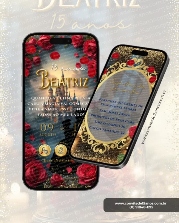 Convite de 15 Anos Interativo Premium A Bela e a Fera com castelo encantado, rosas vermelhas, detalhes dourados, layout em formato de site e sugestões de presentes.