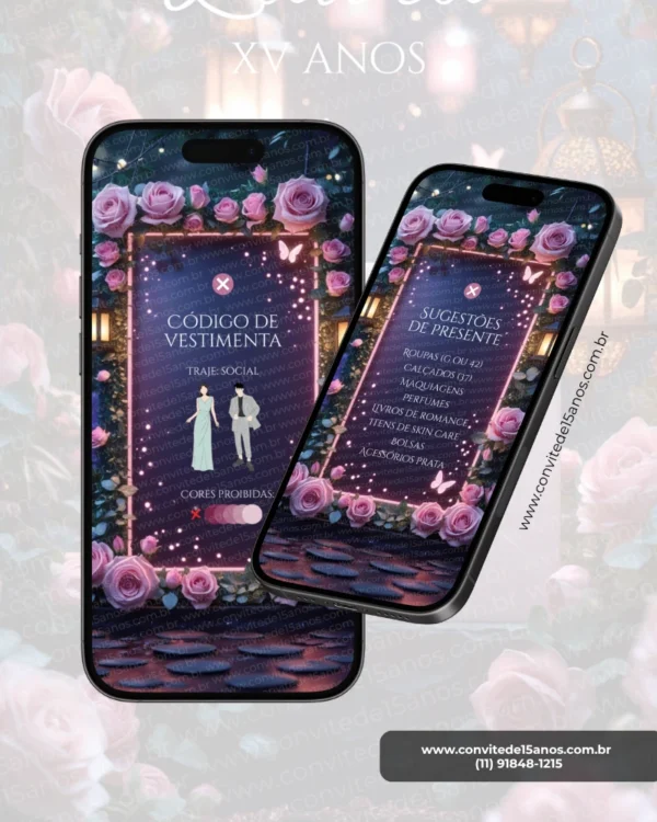 Tela complementar do Convite de 15 Anos Jardim Noturno exibindo as seções de código de vestimenta e sugestões de presente. O design apresenta um cenário encantador com rosas delicadas em tons de rosa, lanternas iluminadas, borboletas e luzes cintilantes que criam uma atmosfera romântica e mágica. As informações são organizadas de forma elegante dentro de uma moldura floral iluminada, mantendo toda a identidade visual sofisticada do tema.