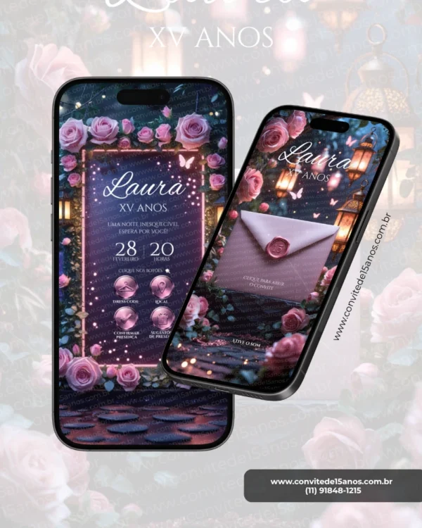 Parte interna do Convite de 15 Anos Jardim Noturno em formato digital interativo. O design apresenta um cenário encantador com rosas em tons suaves de rosa, lanternas iluminadas e delicadas luzes cintilantes que criam uma atmosfera romântica e mágica. As informações da celebração são exibidas em um elegante painel central, proporcionando uma experiência visual sofisticada e harmoniosa inspirada em um jardim iluminado sob as estrelas.