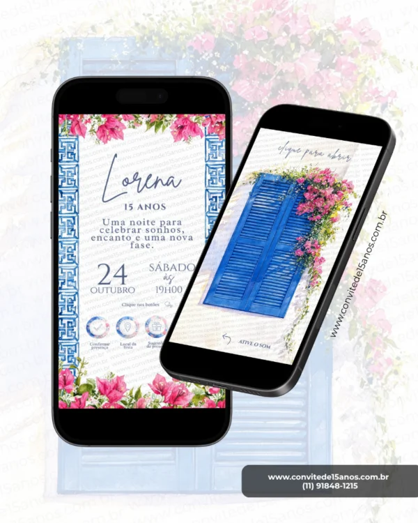 Parte interna do Convite de 15 Anos Mamma Mia exibida em formato digital interativo. O layout apresenta molduras inspiradas na arquitetura grega, detalhes em azul e branco, flores vibrantes em tons de rosa e informações da celebração organizadas de forma elegante. A composição transmite o charme das ilhas mediterrâneas, combinando romantismo, delicadeza e sofisticação em uma experiência visual encantadora.