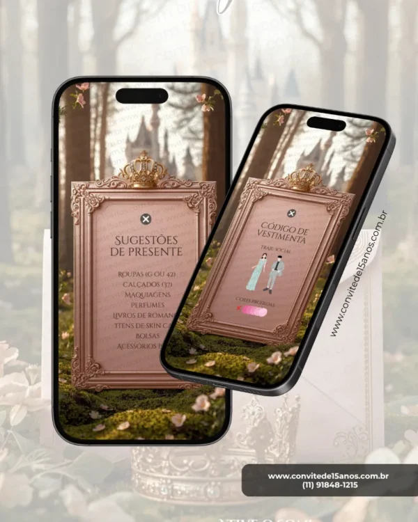 Tela de dress code e sugestões de presente do Convite de 15 Anos Realeza, com moldura rosé gold, coroa real, cenário de castelo encantado e informações interativas para convidados.
