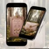 Parte interna do Convite de 15 Anos Realeza em formato de site, com moldura elegante em tom rosé gold, coroa real, castelo ao fundo, botões interativos e cenário inspirado em princesas e contos de fadas.