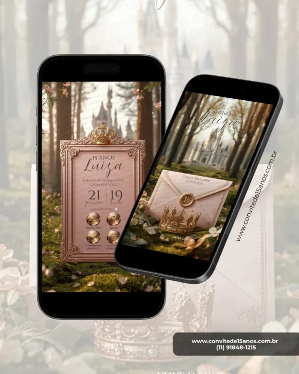 Parte interna do Convite de 15 Anos Realeza em formato de site, com moldura elegante em tom rosé gold, coroa real, castelo ao fundo, botões interativos e cenário inspirado em princesas e contos de fadas.