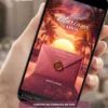Capa do Convite de 15 Anos Tardezinha com envelope digital em tons rosa, cenário de pôr do sol tropical ao fundo, coqueiros e atmosfera descontraída inspirada em festas ao entardecer.