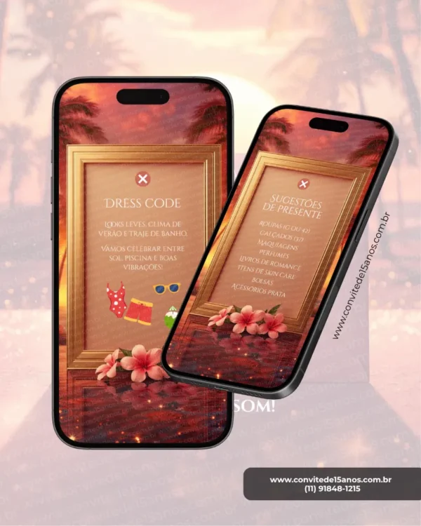Página do Convite de 15 Anos Tardezinha dedicada ao dress code e às sugestões de presente, com moldura dourada elegante, flores tropicais e cenário de pôr do sol inspirador, transmitindo o clima leve e sofisticado da celebração.
