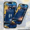 Tela de dress code e sugestões de presente do Convite de 15 Anos Van Gogh Noite Estrelada em formato digital interativo. O design é inspirado na obra-prima de Vincent van Gogh, com pinceladas artísticas em tons de azul e dourado, estrelas brilhantes e elementos que remetem ao céu noturno da famosa pintura. A primeira tela apresenta orientações de vestimenta e cores não recomendadas, enquanto a segunda exibe sugestões de presentes em uma composição elegante, criativa e repleta de personalidade.