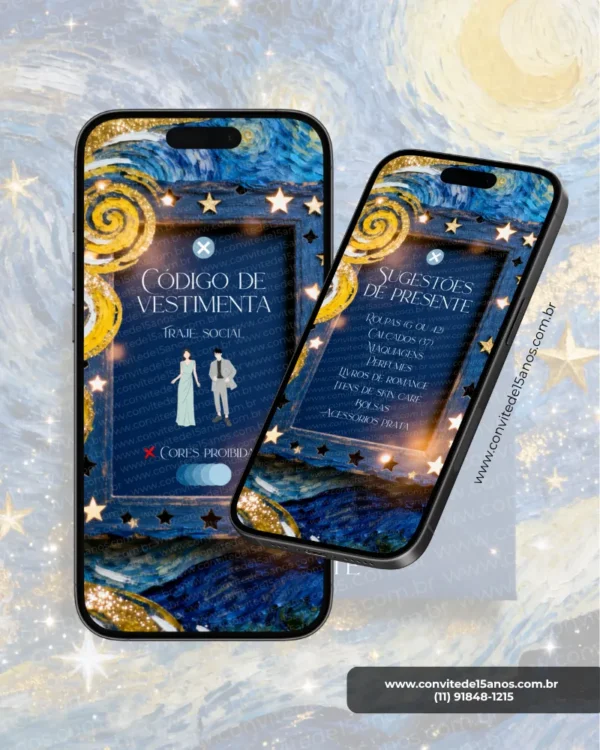 Tela de dress code e sugestões de presente do Convite de 15 Anos Van Gogh Noite Estrelada em formato digital interativo. O design é inspirado na obra-prima de Vincent van Gogh, com pinceladas artísticas em tons de azul e dourado, estrelas brilhantes e elementos que remetem ao céu noturno da famosa pintura. A primeira tela apresenta orientações de vestimenta e cores não recomendadas, enquanto a segunda exibe sugestões de presentes em uma composição elegante, criativa e repleta de personalidade.