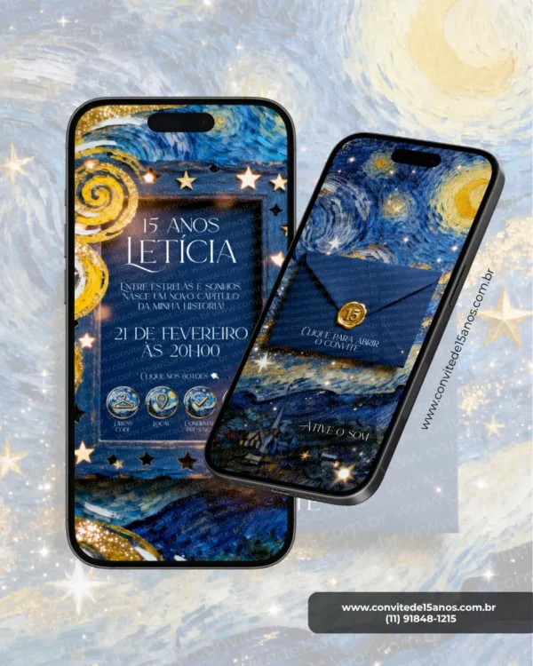 Parte interna do Convite de 15 Anos Van Gogh Noite Estrelada em formato digital interativo. O design é inspirado na famosa obra de Vincent van Gogh, apresentando pinceladas artísticas em tons de azul, dourado e amarelo, além de estrelas brilhantes e detalhes cintilantes. A tela reúne as principais informações da festa, como data, horário e acessos interativos para localização, dress code e confirmação de presença, criando uma experiência elegante e repleta de personalidade.