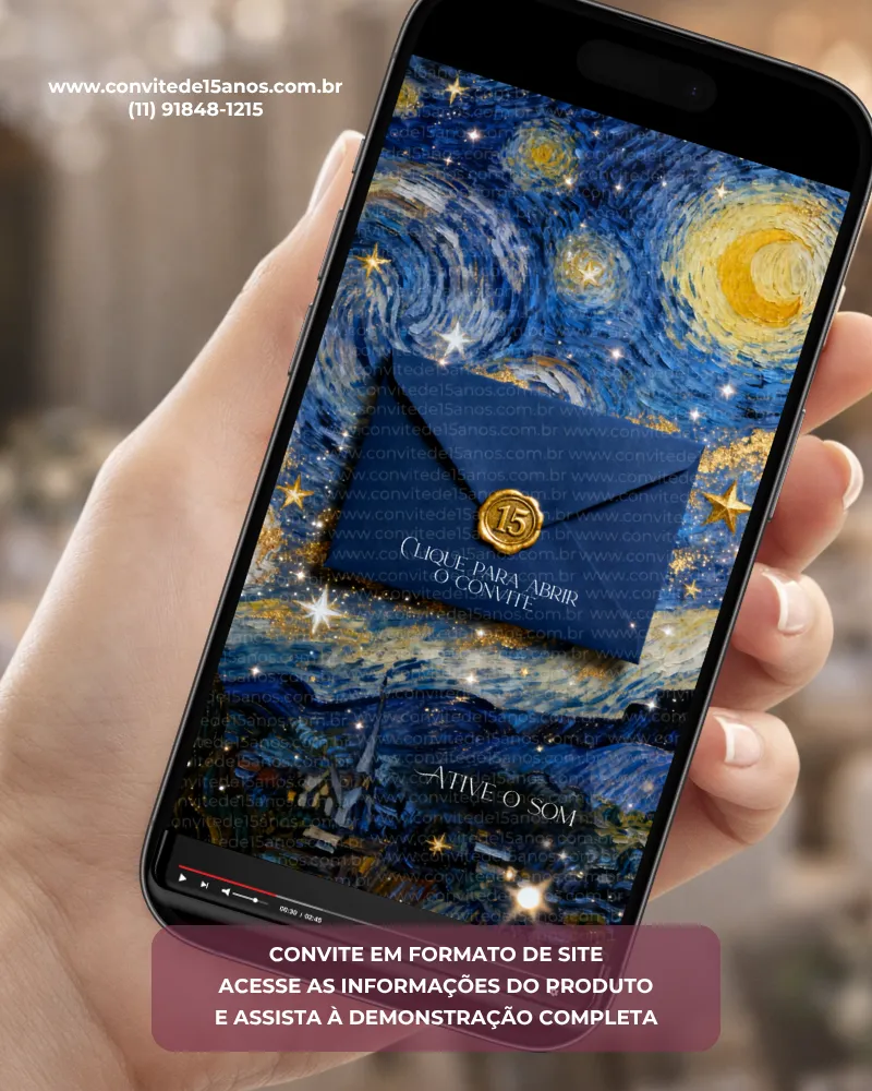 Capa do Convite de 15 Anos Van Gogh Noite Estrelada em formato digital interativo. O design é inspirado na famosa obra "A Noite Estrelada", com céu repleto de estrelas brilhantes, pinceladas artísticas em tons de azul e dourado e um elegante envelope azul selado com lacre dourado de 15 anos. A composição transmite sofisticação, criatividade e um toque artístico, criando uma experiência visual única para os convidados.