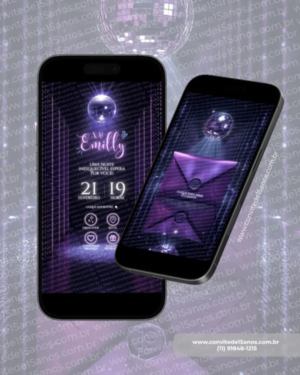 Convite Euphoria Interativo Premium para 15 anos com visual neon em tons de roxo, globo espelhado, pista de dança, layout digital em formato de site e menu interativo.