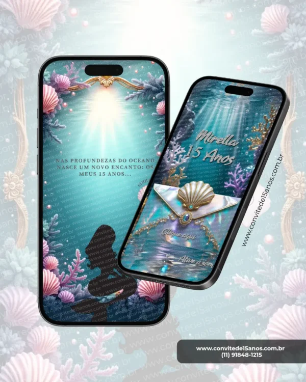 Convite Fundo do Mar Interativo Premium para 15 anos com cenário submarino, conchas, corais, envelope perolado, iluminação oceânica e layout digital em formato de site.