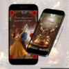 Convite Interativo A Bela e a Fera Premium em formato de site, com rosa encantada, Bela e Fera dançando, velas iluminadas e detalhes dourados inspirados no clássico conto de fadas.
