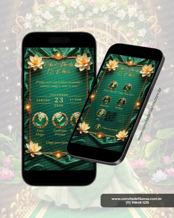 Convite Interativo A Princesa e o Sapo Premium em formato de site, com flores de lótus, detalhes dourados, fundo verde elegante e elementos inspirados no universo encantado da Princesa Tiana.