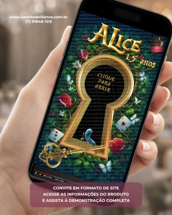 Convite Interativo Alice no País das Maravilhas Premium em formato de site, com fechadura dourada, cartas de baralho, rosas vermelhas, borboletas e elementos inspirados no universo mágico de Alice.