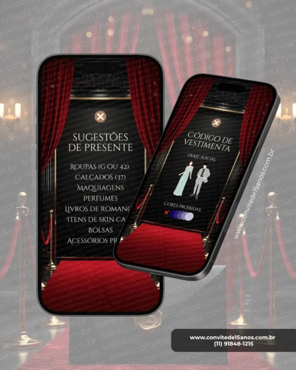 Convite Interativo Premium Baile da Vogue para festa de 15 anos com cenário de tapete vermelho, cortinas de veludo, sugestões de presentes, dress code e design inspirado em eventos de gala, em formato de site.