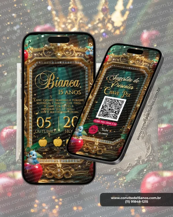 Convite Interativo Premium Branca de Neve para 15 anos com moldura dourada, espelho encantado, maçãs vermelhas, pássaros azuis e sugestão de presentes via PIX em formato de site.