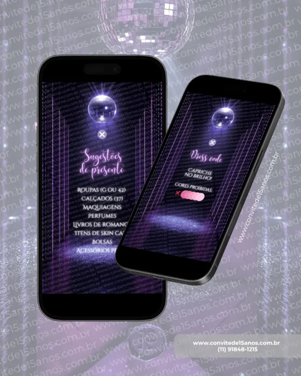 Convite Interativo Euphoria Premium para 15 anos com visual neon em tons de roxo, globo espelhado, efeitos luminosos, sugestões de presentes e dress code em formato de site.
