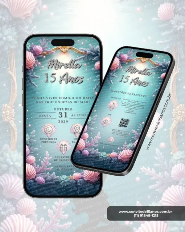 Convite Interativo Fundo do Mar Premium para 15 anos com conchas, corais, fundo oceânico em tons de azul, layout digital em formato de site e menu interativo.