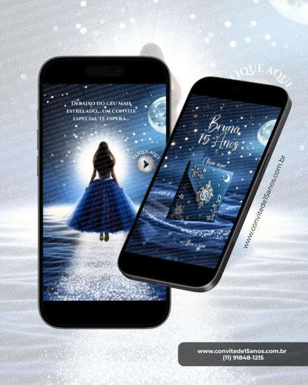 Convite Interativo Noite Estrelada Premium em formato de site, com céu azul iluminado, lua cheia, estrelas brilhantes e caminho cintilante criando uma atmosfera mágica para festa de 15 anos.