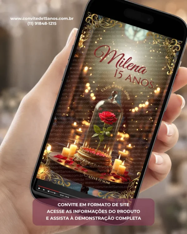 Convite Interativo Premium A Bela e a Fera em formato de site, com rosa encantada na redoma, velas iluminadas, detalhes dourados e atmosfera inspirada no clássico conto de fadas.