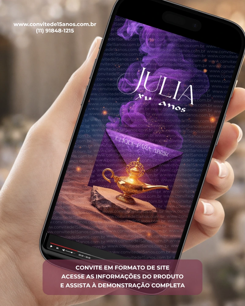 Convite Interativo Premium Aladdin em formato de site, com lâmpada mágica dourada, tons de roxo, detalhes orientais e visual inspirado nos contos árabes. Convite digital premium para festa de 15 anos.
