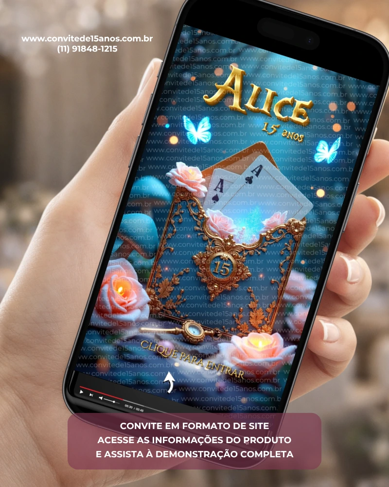 Convite Interativo Premium Alice no País das Maravilhas em formato de site, com relógio mágico, cartas de baralho, rosas, borboletas e elementos inspirados no universo encantado de Alice. Convite digital premium para festa de 15 anos.