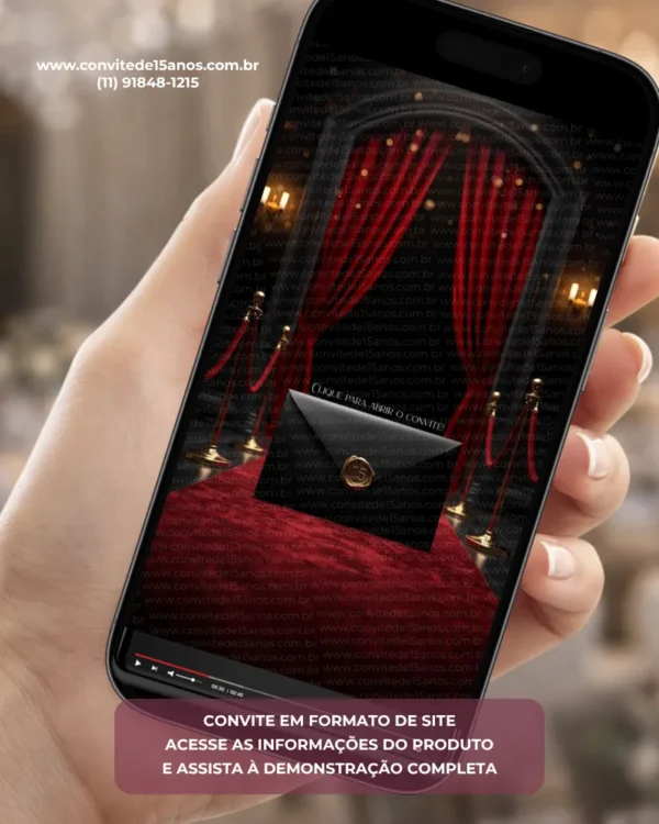 Convite Interativo Premium Baile da Vogue para festa de 15 anos com envelope preto, tapete vermelho, cortinas de veludo, cordões dourados e cenário inspirado em grandes premiações, em formato de site.