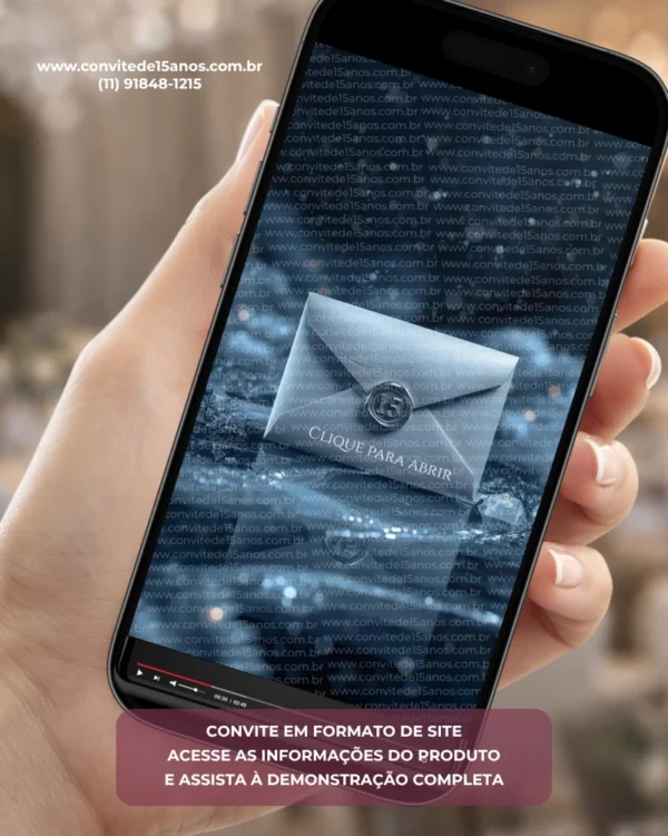 Convite Interativo Premium Baile de Inverno com envelope elegante, cristais brilhantes, flocos de neve e tons sofisticados de azul. Convite digital em formato de site para festa de 15 anos.