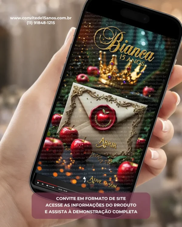 Convite Interativo Premium Branca de Neve para 15 anos com envelope real, maçãs vermelhas, coroa dourada, detalhes clássicos e layout digital em formato de site.