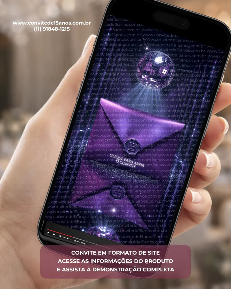 Convite Interativo Premium Euphoria para 15 anos com envelope digital roxo, globo espelhado, iluminação neon, pista de dança e layout em formato de site.