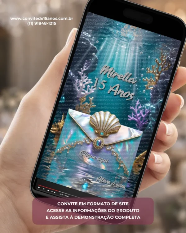 Convite Interativo Premium Fundo do Mar para 15 anos com envelope perolado, concha, pérolas, corais, fundo azul oceânico e elementos marinhos em formato de site.