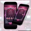 Convite Interativo Premium Prata e Rosa em formato de site, com moldura elegante prateada, laços rosa, brilhos sofisticados e design glamouroso para festa de 15 anos.