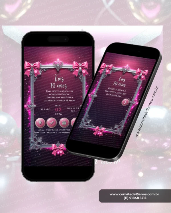 Convite Interativo Premium Prata e Rosa em formato de site, com moldura elegante prateada, laços rosa, brilhos sofisticados e design glamouroso para festa de 15 anos.