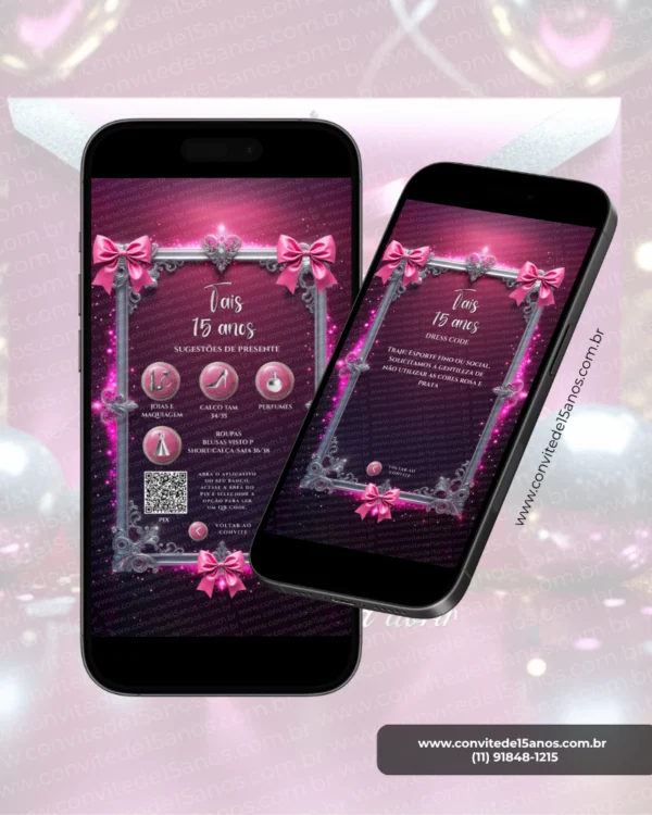 Convite Interativo Rosa e Prata Premium em formato de site, com moldura prateada ornamentada, laços rosa, brilhos glamourosos e seções interativas para sugestões de presentes e dress code.