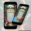 Convite Premium Alice no País das Maravilhas Interativo em formato de site, com espelho mágico dourado, coelho branco, relógio, cartas de baralho, cogumelos e elementos inspirados no universo encantado de Alice.