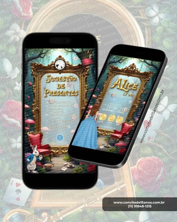 Convite Premium Alice no País das Maravilhas Interativo em formato de site, com espelho mágico dourado, coelho branco, relógio, cartas de baralho, cogumelos e elementos inspirados no universo encantado de Alice.