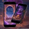 Convite Premium Interativo Aladdin em formato de site, com portal árabe iluminado, lâmpada mágica dourada, fumaça roxa e elementos inspirados nos contos das mil e uma noites. Convite digital premium para festa de 15 anos.