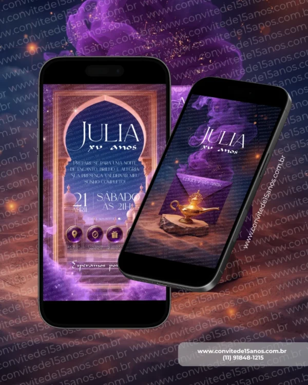 Convite Premium Interativo Aladdin em formato de site, com portal árabe iluminado, lâmpada mágica dourada, fumaça roxa e elementos inspirados nos contos das mil e uma noites. Convite digital premium para festa de 15 anos.